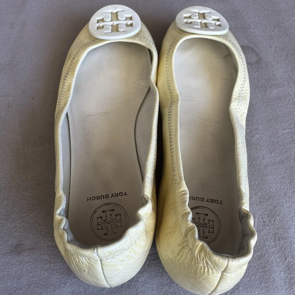 Size 6.5m - Tory Burch Flats Reva Metallic Gold Tumbled Leather Ballerina Shoes